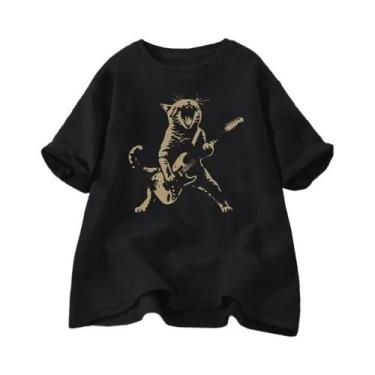 Imagem de Camiseta Unissex Engraçada Com Estampa De Gato Tocando Guitarra, Manga