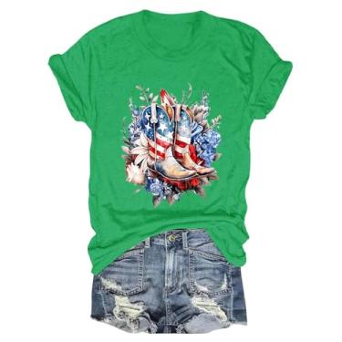 Imagem de Camiseta feminina de verão Dia da Independência 4 de julho, estampa da bandeira dos EUA, casual, gola redonda, túnica, Verde, GG