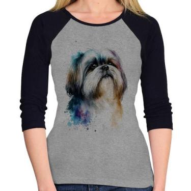 Imagem de Baby Look Raglan Cachorro Shih Tzu Watercolor Manga 3/4 - Foca na Moda
