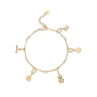 Imagem de PAVOI Pulseira ajustável banhada a ouro 14K para mulheres | Pulseira de corrente com pingente de barra torcida e clipe de papel com lua, olho turco, urso de pelúcia, cadeado de coração, avião