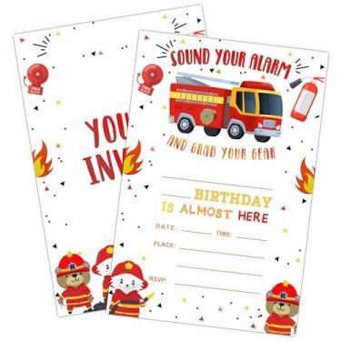 Imagem de Geuro Convite de aniversário de caminhão de bombeiros com envelopes, bombeiro animal para meninos e meninas, conjunto com 20