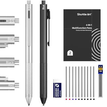 Imagem de Shuttle Art Caneta multicolorida 4 em 1, pacote com 2 canetas esferográficas retráteis com tinta preta azul vermelha de 1,0 mm e lapiseira de 0,5 mm, conjunto de canetas multifuncionais para escrever