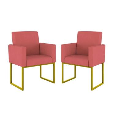 Imagem de Kit 02 Cadeiras Poltrona Decorativa Sala Quarto Base Dourado Cor: Rosa