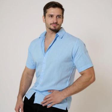 Imagem de Camisa Social Masculina Botão Manga Curta Slim - Volgue, Azul claro, M