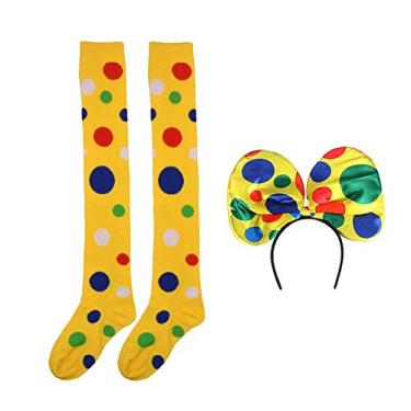 Imagem de Meias de palhaço, meias longas até o joelho, meias coloridas vibrantes de bolinhas, meias de arco-íris com faixa de cabeça de palhaço para meninas, mulheres, Halloween, carnaval, férias, palco, fantasia