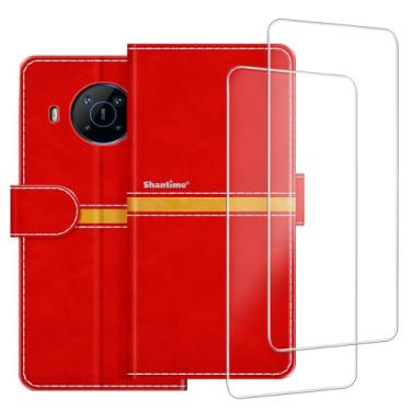 Imagem de ESACMOT Capa de celular compatível com Nokia X100 + [2 unidades] película protetora de tela de vidro, capa protetora magnética de couro premium para Nokia X100 (6,7 polegadas) vermelha