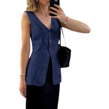 Imagem de Colete de linho Blazer Mina Self 2024 sem mangas azul marinho claro