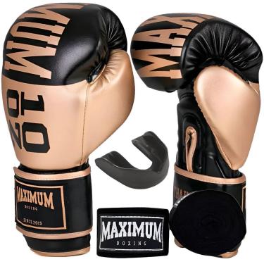 Imagem de Kit Luva de Boxe Muay Thai Kickboxing Intermediária Training Dourado com Bandagem e Bucal Maximum-Unissex