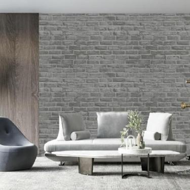 Imagem de ESSMOKO Papel de parede espesso tijolo padronizado PVC material impermeável fundo de hotel parede retro papel de parede 3D adesivo de parede estereoscópico retrô cinza 44 * 1000 cm