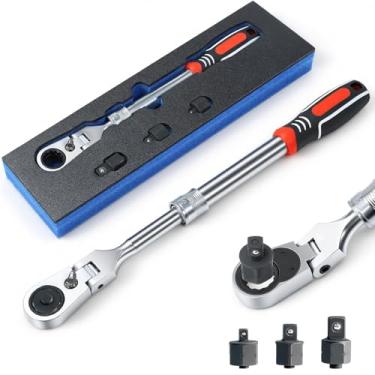 Imagem de Wakuka Conjunto de chaves de catraca extensível, chave catraca longa de 72 dentes com adaptador de chave de soquete de 1/10.2 cm 3/20.3 cm 1/5.1 cm, conjunto de catraca de cabeça flexível de 180° com