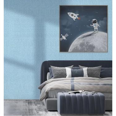 Imagem de Papel de parede 3D em relevo macio com textura de linho autoadesivo espesso anticolisão espuma de cor sólida para uso doméstico textura de linho azul claro 50 * 1000 cm