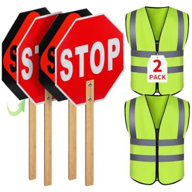 Imagem de Pacote com 2 placas de parada com alça e 2 pacotes de colete refletivo de segurança, placa de bloqueio de cruzamento e colete de segurança de alta visibilidade, placa de parada lenta dupla face de