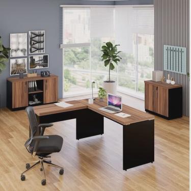 Imagem de Kit 3 Peças com Mesa para Escritório em L 150x150cm e 2 Armários Multiuso Baixo Espresso Móveis