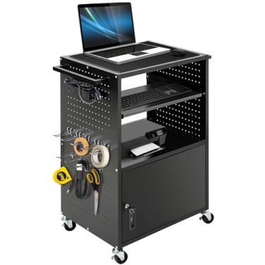Imagem de HONYTA Carrinho AV, carrinhos de computador de apresentação com rodas, armazenamento de metal com armário de bloqueio e bandeja de teclado removível, carrinho de mídia com 12 ganchos para sala de aula