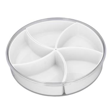 Imagem de Bandeja de servir dividida, bandeja de servir dividida redonda portátil com 5 compartimentos com tampa e alça conveniente e segura para crianças para frutas (branca)