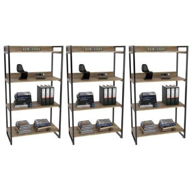 Imagem de Kit 3 Estantes Livreiro Multiuso Prisma Estilo Industrial 80cm 4 Prateleiras C08 Carvalho