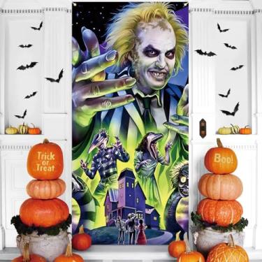 Imagem de Scary Beetlejuice Capa de porta de Halloween Feliz Dia das Bruxas Sinal de Varanda Banner Beetlejuice Decoração de Halloween Clássico Festa de Terror Filme de Terror Decorações de Festa e Suprimentos