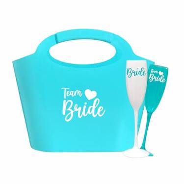 Imagem de Kit 24 Taças Espumante 190ml Acrílica - Personalizadas Chá de lingerie despedida de solteira Bride Noiva (Bolsa Azul T.+Taças - BRIDE)