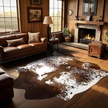 Imagem de B BENRON Tapete de couro bovino ocidental, tapetes de pele de vaca sintética para sala de estar, quarto, decoração de casa, tapete antiderrapante fofo com peles e peles irregulares de animais, marrom