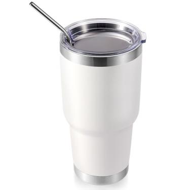 Imagem de Volhoply Caneca isolante de 900 ml com tampa e canudo, caneca de café de viagem de parede dupla para bebidas quentes/frias, cabe no porta-copos de carro, sem BPA (branco, 1