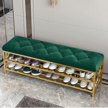 Imagem de Banco organizador de sapatos com almofada, sapateira de entrada estofada, otomano de armazenamento de moldura de metal para sala de estar, corredor, mudroom, entrada - verde, 80 cm