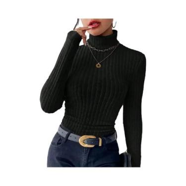 Imagem de Suéter Feminino De Tricô Gola Alta Manga Longa Elegante Slim Fit Casua