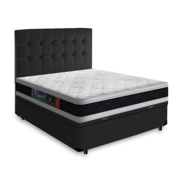 Imagem de Cama Box Baú + Cabeceira Cassis e Colchão Casal - Castor - Black White D45 - 138x188x69cm Preto