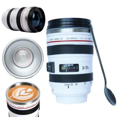 Imagem de PhantAccy Lente de câmera Caneca de café/copo de aço inoxidável SUS-304 de grau alimentício não BPA Caneca de viagem à prova de vazamento garrafa de água de chá com tampa e colher, 350 ml (branca)