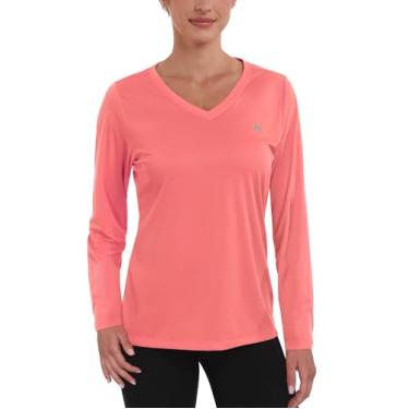 Imagem de Nepest Camisetas femininas FPS 50+ para sol dry fit atlético, corrida, manga comprida, gola V, Coral, PP