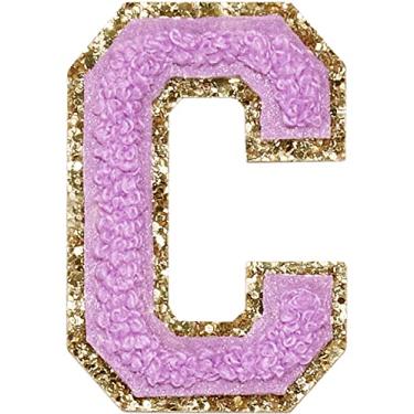 Imagem de 3 Pçs Chenille Letter Patches Ferro em Patches Glitter Varsity Letter Patches Bordado Bordado Borda Dourada Costurar em Patches para Vestuário Chapéu Camisa Bolsa (Roxo, C)