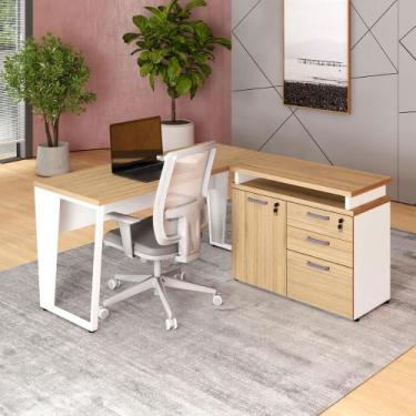 Imagem de Mesa L Escritório 1,5m Pé Metal Armário 3 Gavetas 1 Porta F5 - F5 Offi