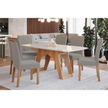 Imagem de Sala De Jantar Completa Carol Tampo Madeirado Com Vidro 180x90cm E 6 Cadeiras Fernanda Madeirado-linho Grafite - Cimol