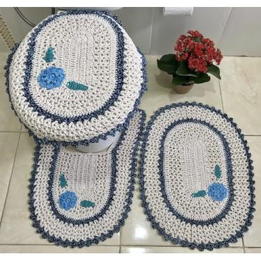 Imagem de Jogo de Tapete para Banheiro em Crochê 3 Peças com Aplicação (Azul Bebê com Azul Marinho)