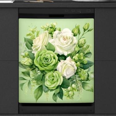 Imagem de Capa de ímã de lava-louças flor verde floral ímãs de lava-louças capa decorativa reutilizável adesivo magnético painel decalque geladeira aparelho de cozinha decoração frontal capas de máquina de