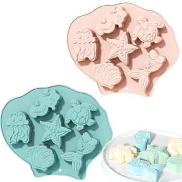 Imagem de 2 peças de moldes de silicone com tema de vida marinha, molde de silicone de concha de sereia, molde de superfície de bolo, decoração de bolo de argila de polímero de goma de chocolate (vermelho +