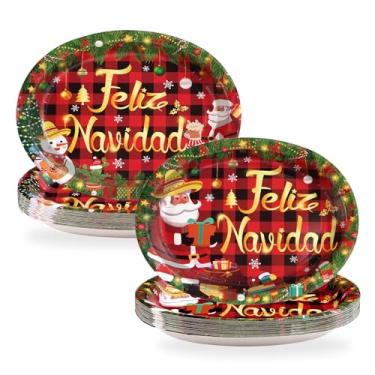 Imagem de 50 peças de pratos ovais de papel Feliz Navidad 25,4 x 30,5 cm, grande, resistente, descartável, dourado, mexicano, Natal, Papai Noel, boneco de neve, prato de sobremesa, para artigos de festa de