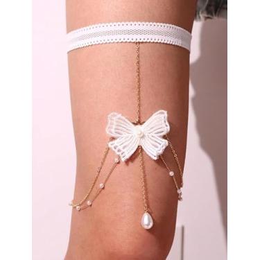 Imagem de Bohemia Correntes de coxa de borboleta branca Havaí praia elástica renda em camadas contas borlas festa sexy barriga corpo corrente biquíni joias verão feriado presente de aniversário para mulheres
