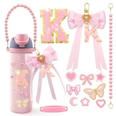 Imagem de LBU 12 peças de acessórios de letras para garrafa de água Owala 24/32/1,134 g com adesivo inicial fofo, chaveiro de letra do alfabeto de laço, alça de alça peral, decorações para copo Owala Freesip