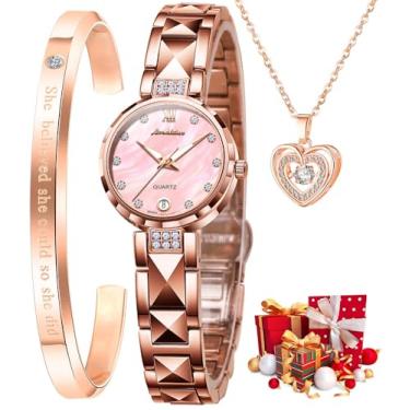 Imagem de OLEVS Relógios femininos ouro rosa vestido luxuoso diamante aço tungstênio moda relógio feminino calendário data luminoso relógio feminino à prova d'água, L8988: pulseira de ouro rosa e mostrador rosa