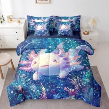 Imagem de Erosebridal Conjunto de edredom queen com axolote rosa, para crianças, meninos e meninas, fofo kawaii, oceano, marinha, salamandra, recifes de corais, mar, 7 peças, conjunto de cama com desenho