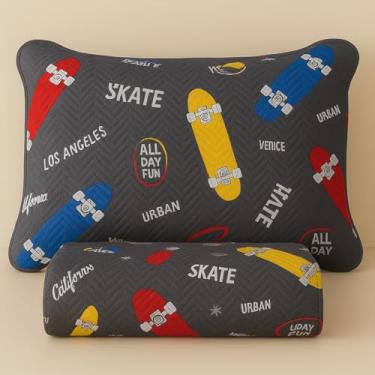 Imagem de Kit Colcha Cobre Leito Infantil Estamapado Cama Solteiro 2 Peças Menina Menino Rosa Azul Quarto (Skate)