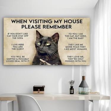 Imagem de Arte de parede em tela rústica Cat House Rules - Pôster sem moldura de 30 x 61 cm - Decoração de casa e escritório para sala de estar, quarto, cozinha e café