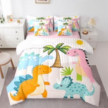 Imagem de Feelyou Jogo de cama solteiro de dinossauro fofo, 7 peças, desenho animado, animais selvagens, animais selvagens, com edredom, lençóis, fronhas, capas de almofada, planta de dinossauro