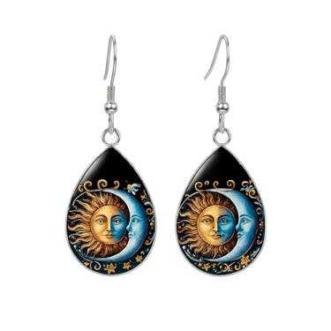 Imagem de Brincos pendentes de sol e lua celestiais, design místico, gancho de prata, formas de gota e retangular, conjunto de joias decorativas - mosaico de vidro estilo pintura a óleo, .7 inch, Aço inoxidável