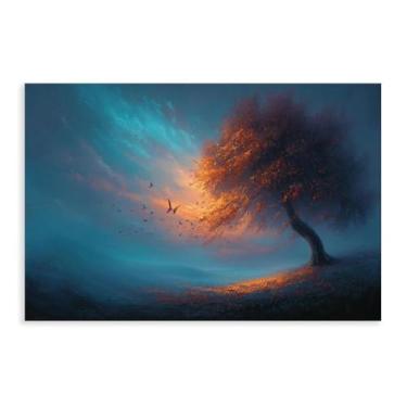 Imagem de Pintura de árvore de borboleta surreal, arte azul-petróleo e laranja, grande paisagem de fantasia, arte de parede árvore da vida mágica, decoração de sala de estar temperamental, pôster de tela 30 x