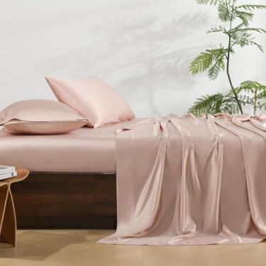 Imagem de NATUREFIELD Conjunto de lençóis de cama queen size sedoso (4 peças), 60% raiom derivado de bambu, 40% cetim T400 poliéster, lençóis macios de resfriamento com bolsos profundos, lençóis de cama e