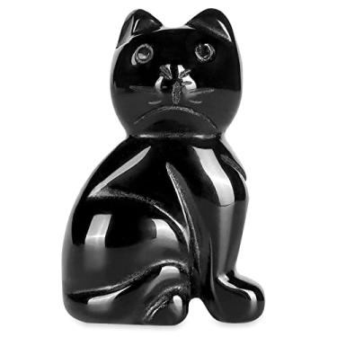 Imagem de Hxswkk Estatueta de gato de cristal obsidiana preta de 5 cm, escultura de gato, gatinho, cristais de cura de animais, pedras preciosas, colecionáveis, decoração de arte para casa