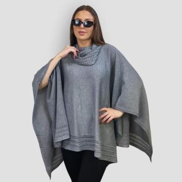 Imagem de Poncho Feminino Tricô Lã Gola Alta Quente Inverno Estilo - GIP, Chumbo
