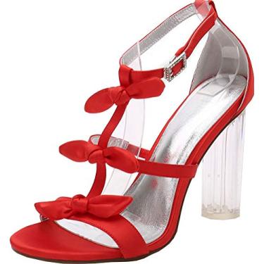 Imagem de Sandálias femininas com laço transparente verão salto grosso aberto para festa trabalho T-bar sapatos de casamento, Vermelho, 10