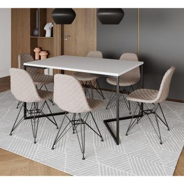 Imagem de Mesa Jantar Industrial Branca 137x90cm Base V com 6 Cadeiras Estofadas Nude Claro Eiffel Aço Preto
